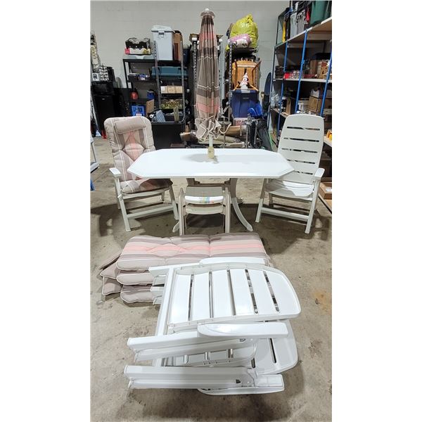Matching Patio Furniture Set w/ Chairs, Table, Umbrella, & Cushions