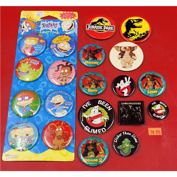 Lot of VTG Pins (Ghost Busters, Gremlins, Jurassic Park) & Complete 1997 "Rugrats" Pin Set on Card