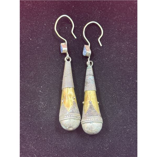 Vintage Afghan Silver Earrings With Blue Lapis Details