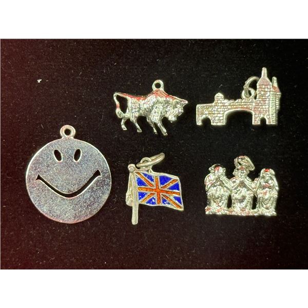 5x Silver Charms: British Flag, Happy Face, Buffalo, Bridge, & Monkeys