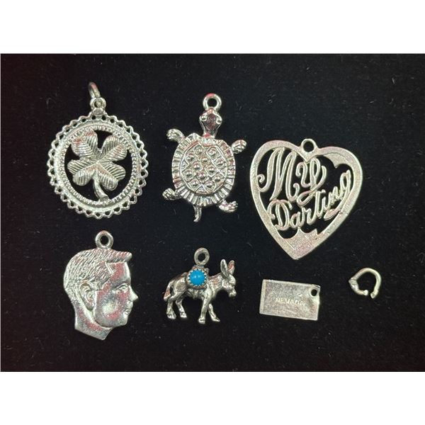 6x Silver Charms: Turtle, Heart, 4 Leaf Clover, Head, Donkey, & More