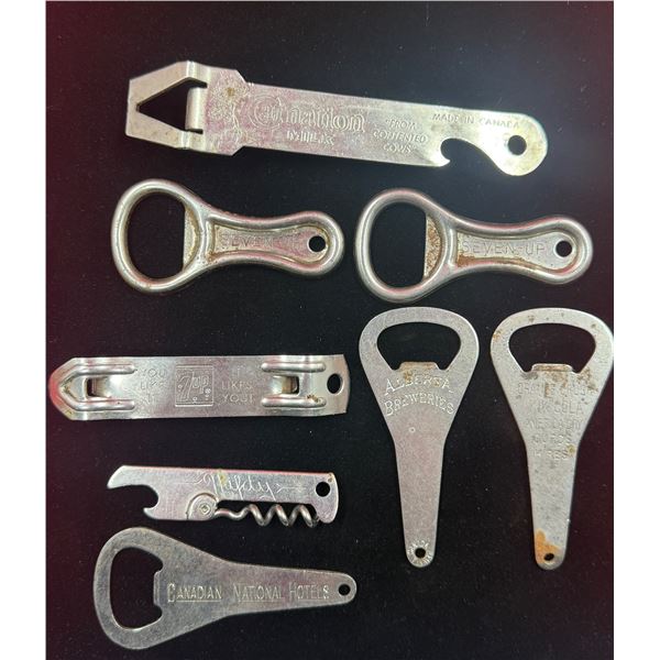 8x Vintage Bottle Openers: 7Up, Crush, Canadian National Hotels, Kik Cola, & More