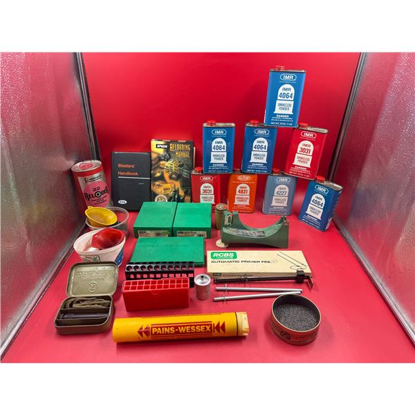 Assorted Gun Related Products: Bullet Holders, Funnels, Primer, Reloading Dies, & More