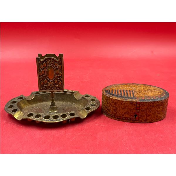 Antique Ashtray With Match Box Holder & Vintage Inlaid Box