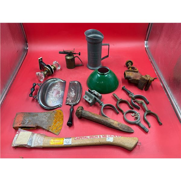 Variety Lot: 1947 Pewter Pitcher, Antique Glass Knob Door Handles, Torch, & More