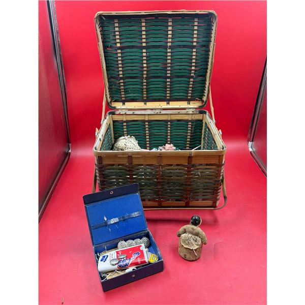 Vintage Sewing Basket With Assorted Sewing Accessories