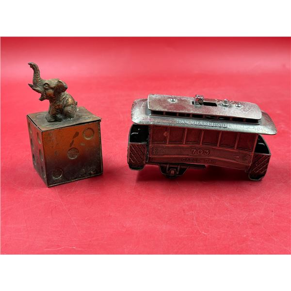 2x Vintage Smokers Collectibles: San Franscisco Cable Car Lighter & Elephant Flip Top Ashtray