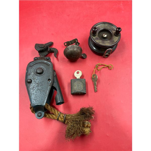 Vintage Variety: Block Tackle, Alpha Bakelite Fishing Reel, Lock With Keys, & More