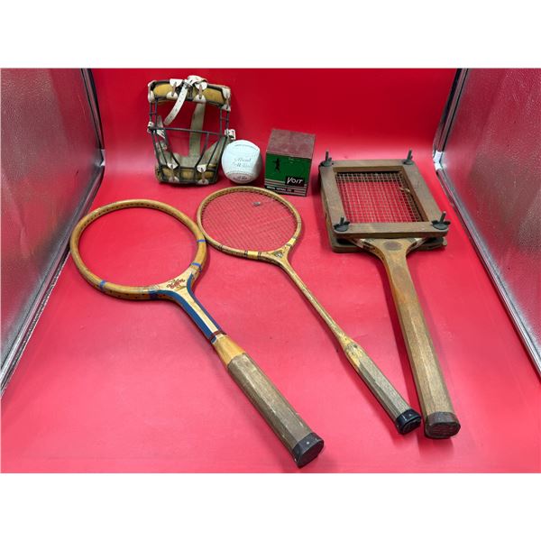 Vintage Sports Equipment: Rackets, Softball, & Umpire's Mask