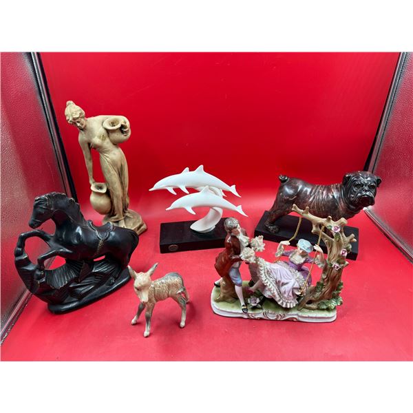 Assorted Figurines: Horse, Deco Woman, Donkey, Victorian Scene, & More
