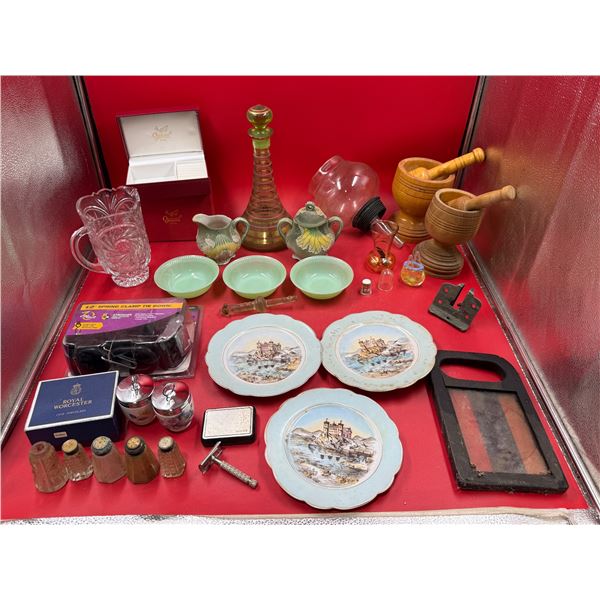 Variety Lot (Mostly Vintage): Fire King Jadeite Bowls, Czech Glass Decanter, Maser Tie Down Strap, &
