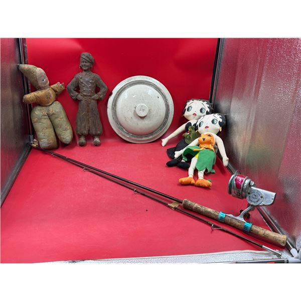 Vintage Variety: Betty Boop Dolls, Stoneware Lid, Fishing Rod, Andiron Boy, & More