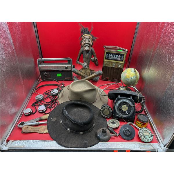 Vintage Variety: Rotary Phone/Parts, 2x Hats, Radios, World Globe, & More