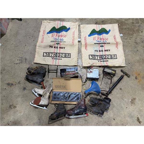 Assortment Lot (Mostly Vintage): Skates, Potato Sacks, Bike Pump, Keyboard, & More