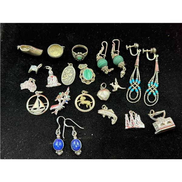 Assorted Silver Jewelry: Charms, Earrings, & Ring