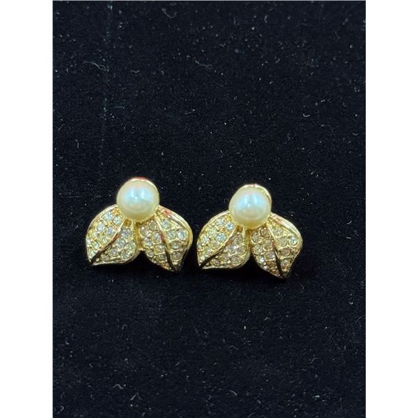 Vintage Christian Dior Faux Pearl Rhinestone Leaf GP Earrings