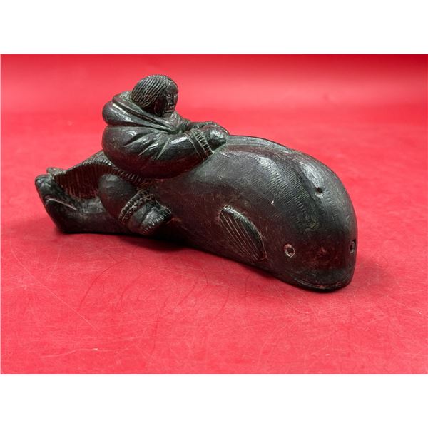Vintage Wolf Sculptures Green Soapstone "Inuit Riding A Beluga Whale"