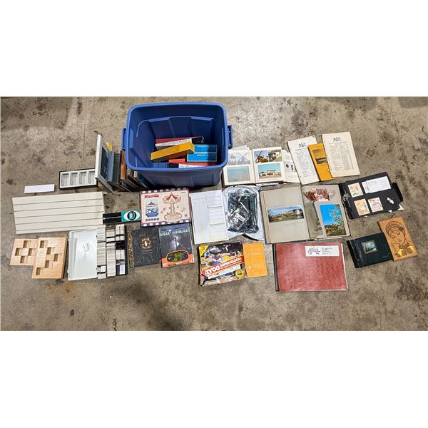 Assortment Lot: Slides, Books, Swing Ride Toy, Jewelry Displays, & More