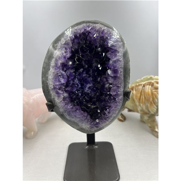 10 X 4.7 INCH  AMETHYST CRYSTAL ON STAND BEAUTIFUL PIECE DARK COLOURS