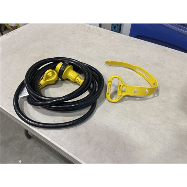 AS NEW 15FT 30AMP RV CABLE WITH TWIST LOCK CONNECTOR