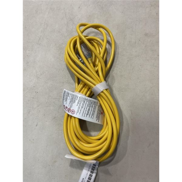AS NEW 25FT YELLOW 3 WIRE INDOOR OUTDOOR LIGHTED EXTENSION CORD, 14AWG