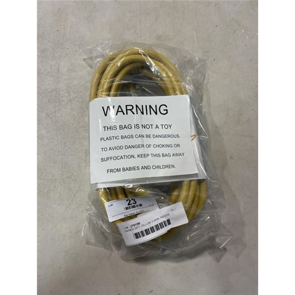 AS NEW 25FT YELLOW 3 WIRE INDOOR OUTDOOR LIGHTED EXTENSION CORD, 12AWG