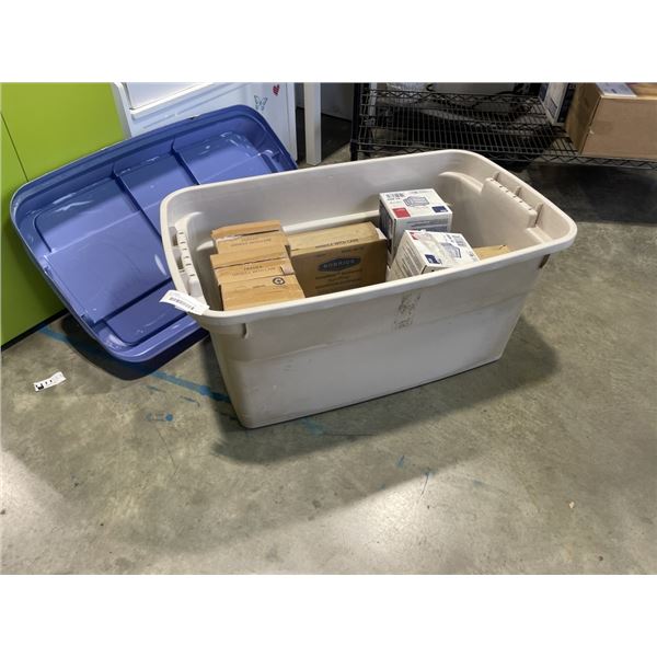 TOTE OF ASSORTED JANITORIAL AND DIPENSERS