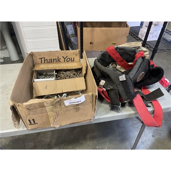 BOX OF NAILS AND SCREWS,  AND TOOL BELT