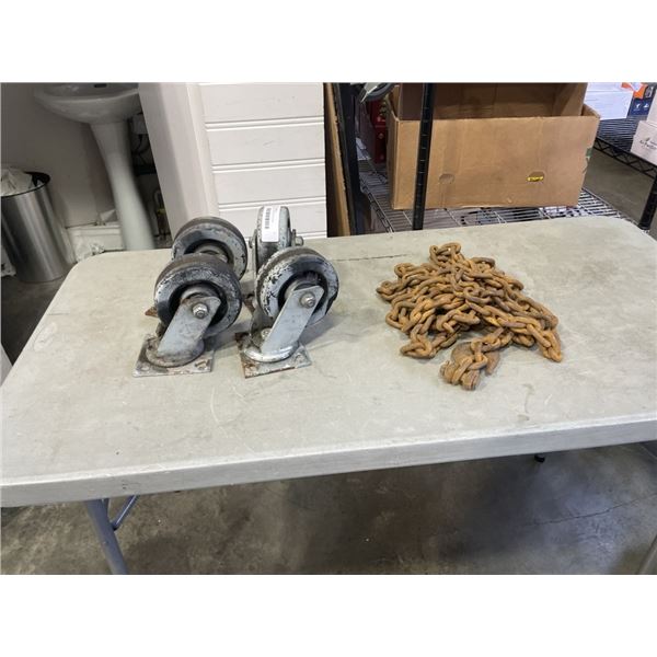 4 LARGE CASTERS AND CHAIN