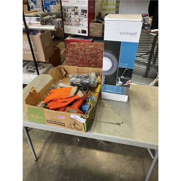 BOX OF TOOLS, LIGHTS, WORK GLOVES, ETC