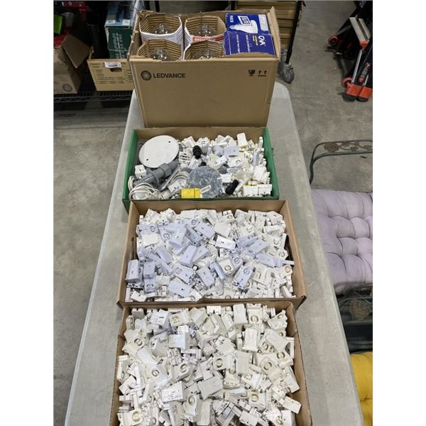 3 TRAYS OF NEW ELECTRICAL BULB CONNECTORS, METAL HALLIDE BULBS ETC