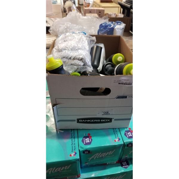 BOX OF WORK GLOVES WATER BOTTLE AND MORE