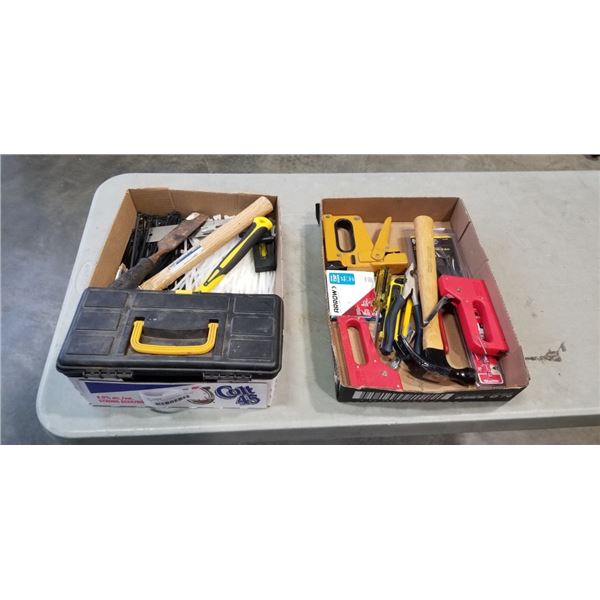 2 TRAYS OF HAND TOOLS , TOOL BOX AND HARDWARE ETC