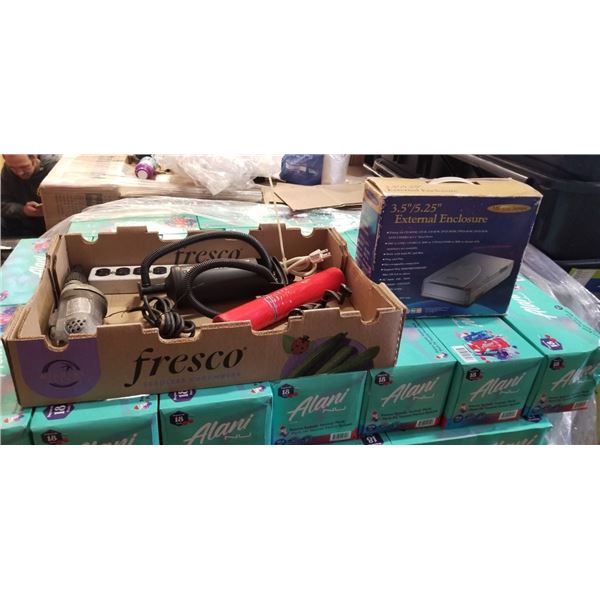 TRAY WITH ELECTRIC DRILL, POWER BAR, FISHING REEL ETC