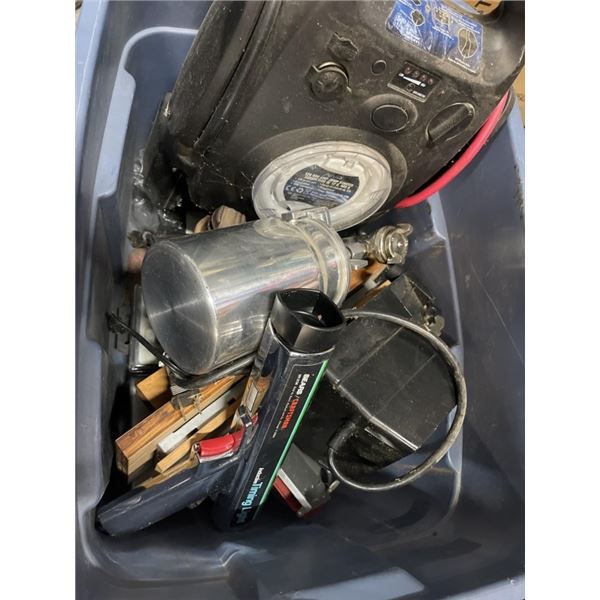 TOTE OF ASSORTED SHOP TOOLS, BIT SETS AND MORE