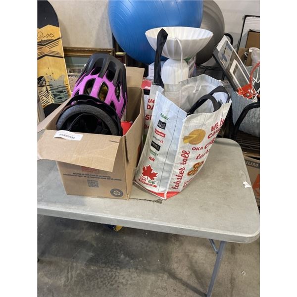BIKE HELMETS AND ASSORTED HOUSEHOLD AND KITCHEN ITEMS