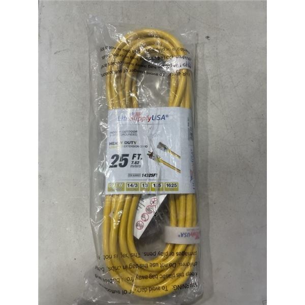 AS NEW 25FT YELLOW 3 WIRE INDOOR OUTDOOR LIGHTED EXTENSION CORD, 14AWG