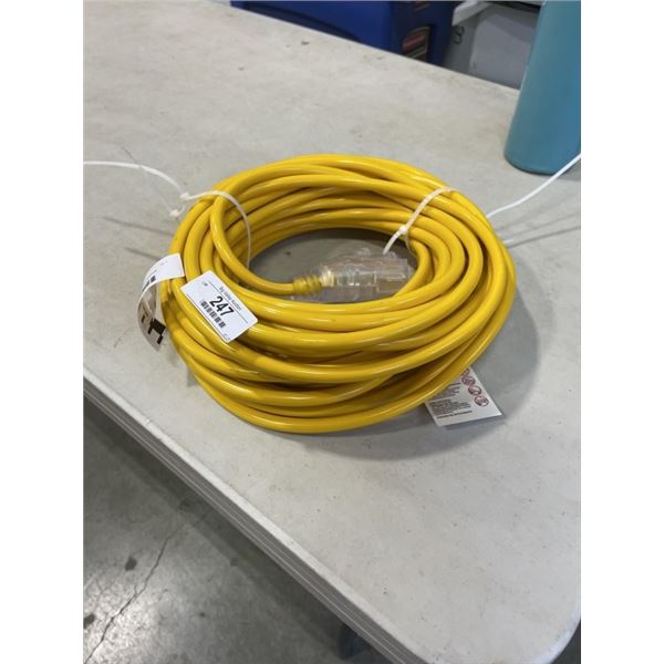 AS NEW 50FT YELLOW 3 WIRE INDOOR OUTDOOR LIGHTED EXTENSION CORD, 12AWG