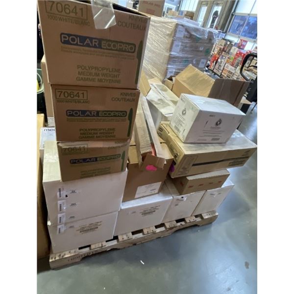 PALLET OF NEW FOOD TRAYS, CONTAINERS, AND JANITORIAL SUPPLY