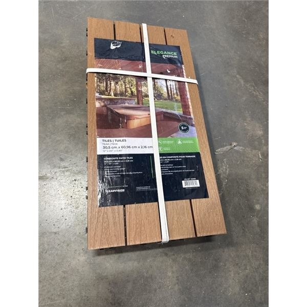 116 SQFT NEW ELEGEANCE PREMIUM TEAK LOOK DECK TILES, EACH TILE IS 12 X 24 INCH, 5 PER PACK, 11 PACKS