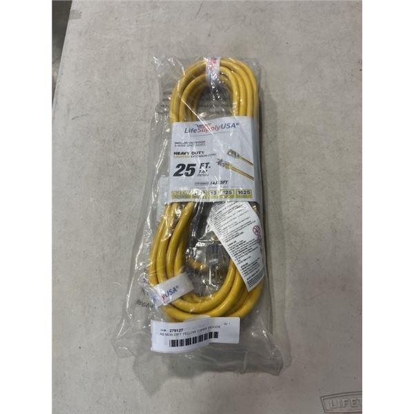 AS NEW 25FT YELLOW 3 WIRE INDOOR OUTDOOR LIGHTED EXTENSION CORD, 14AWG