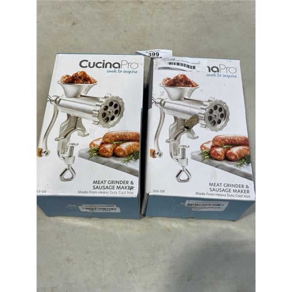 2 CUCINA PRO CAST IRON MEAT GRINDERS AND SAUSAGE MAKERS