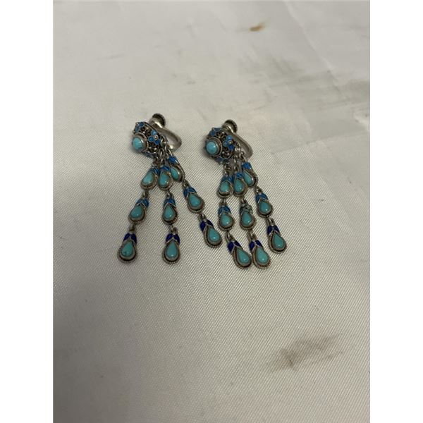 PAIR OF HAND CRAFTED SILVER W/ BLUE TURQUOISE STONES AND ENAMELED VINTAGE SCREW ON EARRINGS