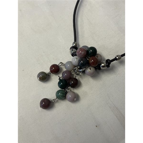 VARIOUS COLOURS CHINESE JADE BEADS TASSEL PENDANT W/ VERY LONG BLACK CORD NECKLACE