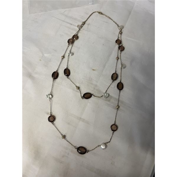 DOUBLE STRAND CHAIN W/ SMOKEY TOPAZ QUARTZ AND CULTURED FRESHWATER PEARLS NECKLACE