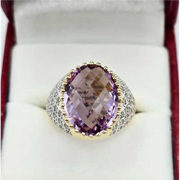 GOLD PLATED STERLING SILVER NATURAL AMETHYST (6.70CT) WITH NATURAL WHITE TOPAZ (0.50CT) RING, SIZE 8