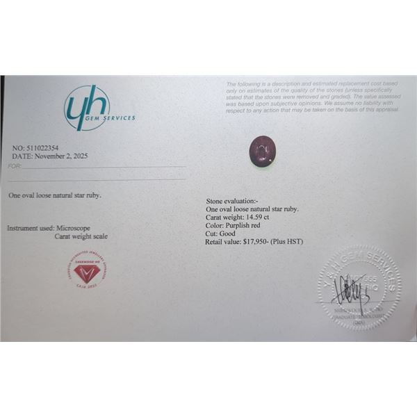 14.59 CT CERTIFIED BURMESE STAR RUBY GEMSTONE UNTREATED ($17,950 APPRAISAL)