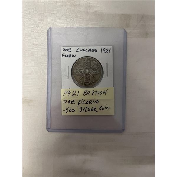 RARE ONE FLORIN BRITISH 1921 .500 SILVER COIN