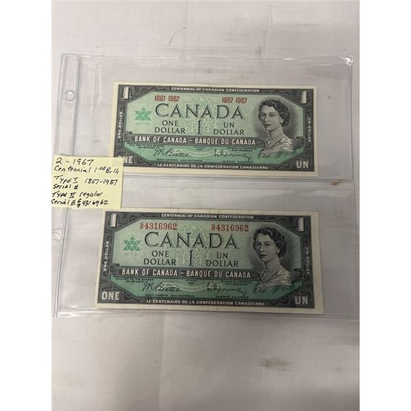 2 1967 CETENNIAL $1 BILL TYPE 1 AND 2 BOTH SERIAL NUMBERS