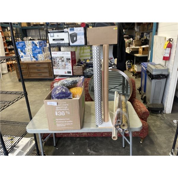 LARGE BOX OF RIBBON AND LOT OF WRAPPING PAPER